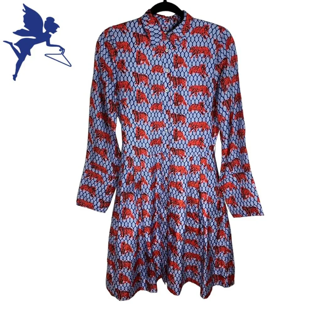 *SOLD* J. CREW COLLECTION BLUE ROAMING TIGER Silk Button Down Shirtdress - Picture 2 of 9